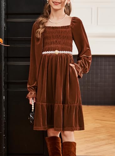 blibean Tween Girls Velvet Dresses Semi Formal Party Outfits with Pockets 6-15 Years3