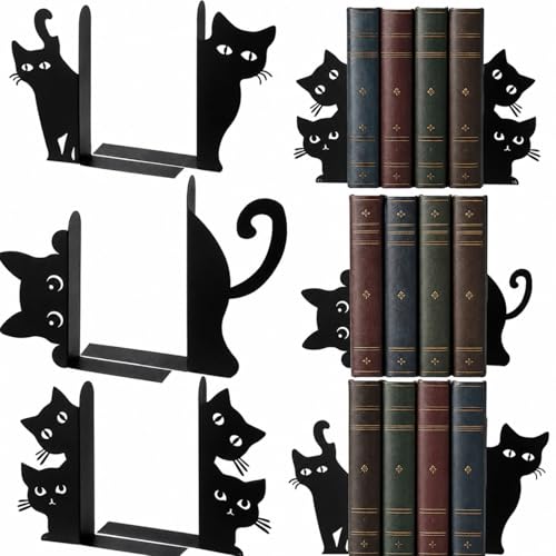 Flutesan 6pcs Black Cat Metal Bookends Cute Cats Bookends for Shelves Bookshelf Decorative Home Office Desk Bookstore Bookshelf Decor Cat and Reading Lovers Gift