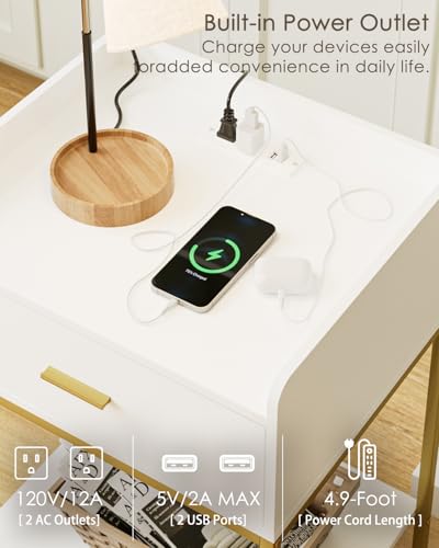 Image of Masupu Nightstand with Charging Station, 3-Tier Modern Bedside Night Stand with Storage Drawer and Shelf, Large End Side Table for Bedroom, Living Room,White