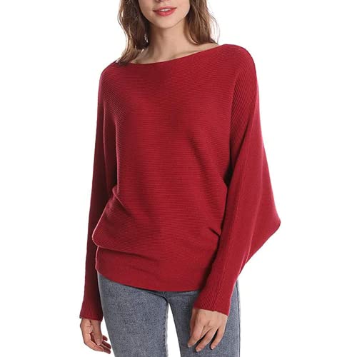 Image of FULIER Women Oversized Boat Neck Batwing Sleeves Dolman Knitted Sweaters Lightweight Pullovers Tops One Size