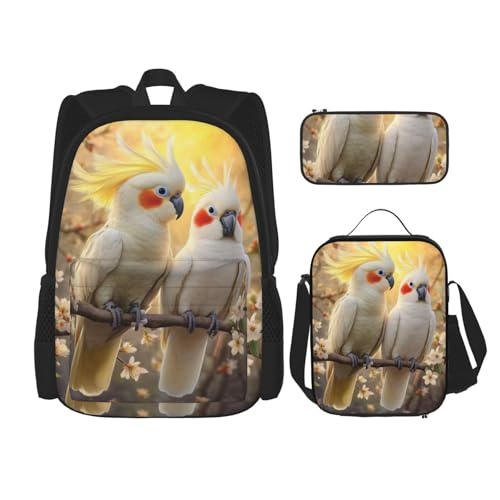 Cute Cockatoos Floral Backpack With Pencil Case Lunch Bag Combination For Women Men