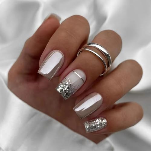 24 PCS Uñas Postizas, Uñas Francesas Brillantes, Uñas Francesas de Leche, Impresión en Uñas, Uñas Cortas Postizas con Pegamento, Uñas Acrílicas de Cobertura Total para Pegar (A03)