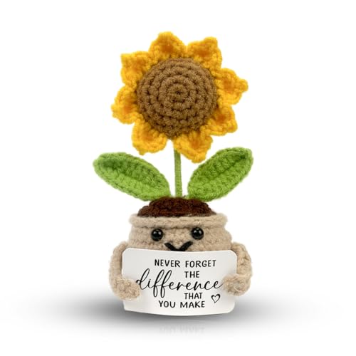Tiny Detalles Mini Positive Crochet Sunflower, Cute Cheer Up Gifts for Women, Crochet Plant with Optimistic Card for Nurse Teacher Boss, Thank You Gifts for Friends, Coworker and Sunflower Decor
