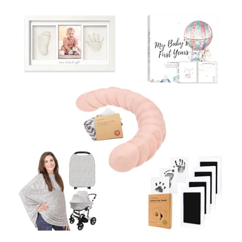 KeaBabies 14-Pack Nursing Pads with Baby Hand and Footprint Kit Frame, Baby Memory Book, Inkless Ink Pads, and Multi-Use Nursing Cover - Thoughtful Keepsake and Shower Gifts for New Mom
