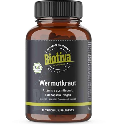 Biotiva Wermutkraut Kapseln Bio 150 Stück - 400mg - Wermut - Garantiert ohne Zusatzstoffe - Abgefüllt und kontrolliert in Deutschland (DE-ÖKO-005)