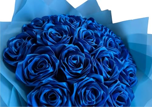 Image of Handcrafted Satin Rose Bouquet Handmade Flowers, Decorative Ribbon Bow for Valentine's Day, Wedding, Home Decor, Anniversary, Birthday with 4 Personalized poloroid photo (Royal Blue)