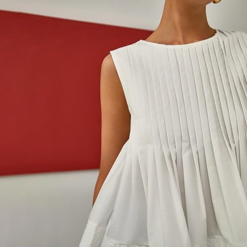 WOWULOVELY Womens Summer Pleated Peplum Sleeveless Blouse Tank Tops Crew Neck Babydoll Blouse Y2K Round Shirt 20253