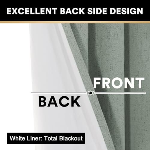Image of PrinceDeco Linen 100% Blackout Curtains 84 Inches Length 2 Panels Set Grommet Curtains for Living Room Bedroom Thermal Insulated and Room Darkening Linen Curtains with White Liner,Green Bay,W42 X L84
