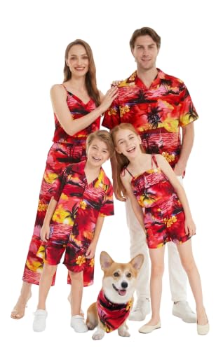 Image of Hawaii Hangover Family Matching Hawaiian Clothes, Sunset Red | Family matching Hawaiian outfits, Sunset Red, lightweight rayon, machine washable, tropical floral print, luaus, cruises