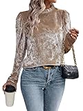 SOLY HUX Women's Frill Mock Neck Puff Long Sleeve Tee Velvet T Shirts Tops Pure Champagne M