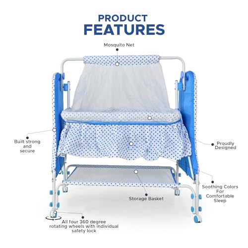 Image of BUBBLEBABY Baby Cradle | Jhula | Baggi | Palna | Ghodiyu | Ventilated | with Swing & Mosquito Net | 0-12 Months | Four Wheels with Brake | Storage | Polypropylene | Safe & Sturdy | Foldable | Blue