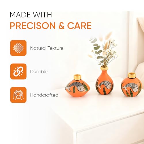 Image of Aakriti Art Creations Something's Fishy Terracotta Vase Set of 3 (Orange) | Hand-Painted Madhubani Art Flower Vases | Matte Finish Decorative Vases for Living Room, Table Decor & Gifting