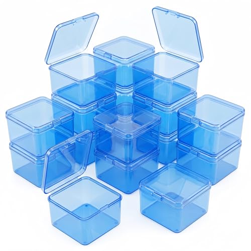 Image of 17 Pack Blue Plastic Storage Boxes with Lids, 2.6x2.6x1.4 Inches Square Organizer Containers for Small Parts, Crafts, Jewelry, SMT Components