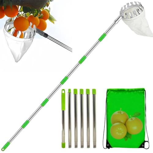 RATSTONE Recoge Frutas Telescopico,Recogedor De Frutas,4.2M Recogedor de fruta con mango telescópico, recogedor de fruta con mango telescópico ligero de acero inoxidable y bolsa de algodón