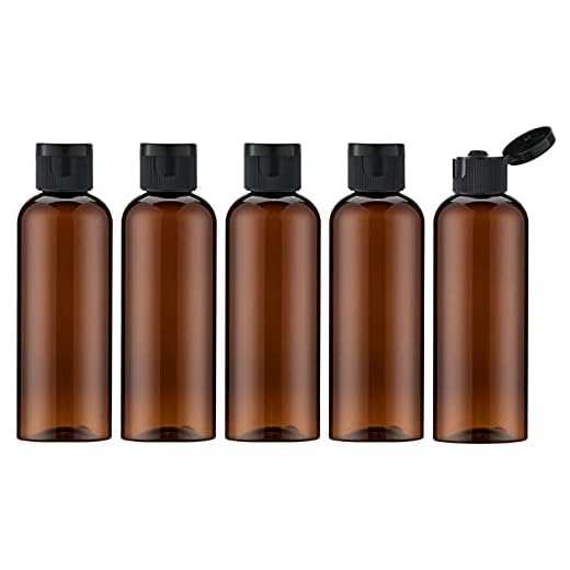 Toureal 100ML Bernstein Reiseflaschen Set mit Flip Cap (5 Stück) Leere Spender Plastikflasche Set, Abfüllflaschen für Kosmetik mit Trichter (Braun)
