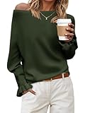 Saodimallsu Womens Boat Neck Batwing Sweaters Dolman Ruffle Long Sleeve Off Shoulder Fall Loose Knit Pullover Tops Army Green