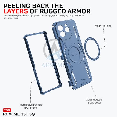 Image of AESTMO Back Case Cover for Realme 15T 5G | Magnetic Case with Built-in Metal Ring | Compatible with MagSafe Accessories | Shockproof Hybrid (PC + TPU) (Blue)