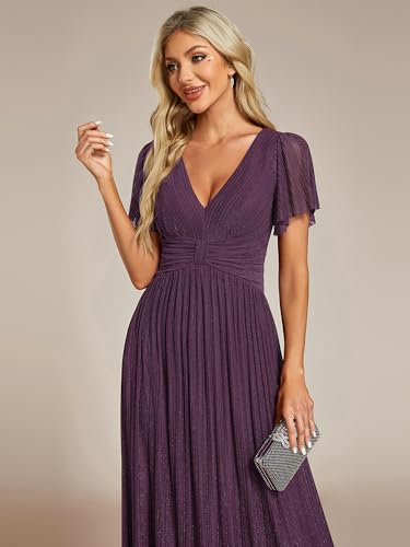 Image of Ever-Pretty Women's V-Neck Glitter Formal Dresses Pleated Short Sleeves Floor Length A-Line Mother of Bride Dress 11961