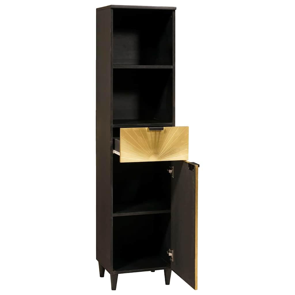 Gabinete de Baño Moderno Negro y Dorado 38 x 33 x 160 cm con Cajón y Estantes, Mueble de Almacenamiento Elegante para Organizar Productos de Higiene y Toallas, Construcción