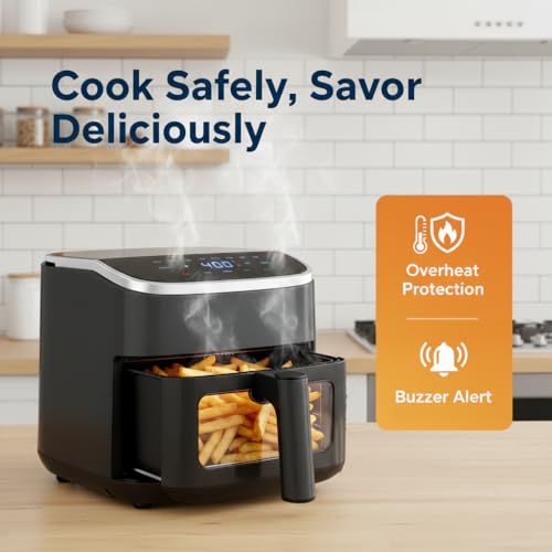 Image of HealSmart 4 Qt Air Fryer with Visible Window, 8-in-1 Digital Airfryer with Interior Light, 1500W, Nonstick Dishwasher-Safe Basket for Fries, Bake, Wings, 60-Min Timer, Black