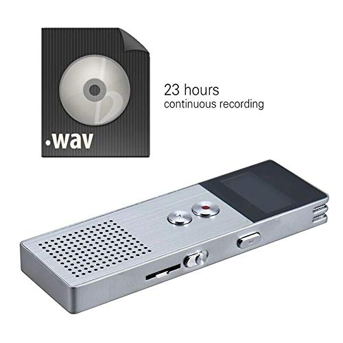 ELECTROPRIME Digital Voice Recorder displaying '.wav' file format and '23 hours continuous recording' text.