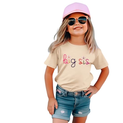 Big Sister Shirt Baby Ankündigung für Mädchen Tshirt mit Big Sis Stickerei Kleinkind Befördert Zu Große Schwester T-Shirt Süßes Bestickt Baumwolle Top Sommer Kurzarm Shirts(Aprikose 5-6Jahre)