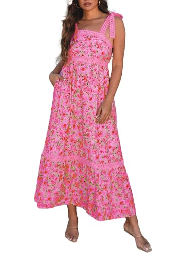 Image of Opemiby Womens Maxi Dress Spring Summer Sleeveless Lace Strap Empire Waist A Line Side Pockets Beach Casual Long Dresses