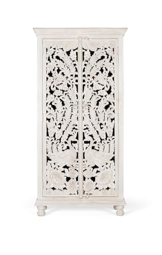 GC GINER & COLOMER Armoire en Bois de Manguier – Armoire d’Entrée 2 Portes avec 3 Étagères Intérieures – Blanc Vieilli – 180 x 90 x 40 cm