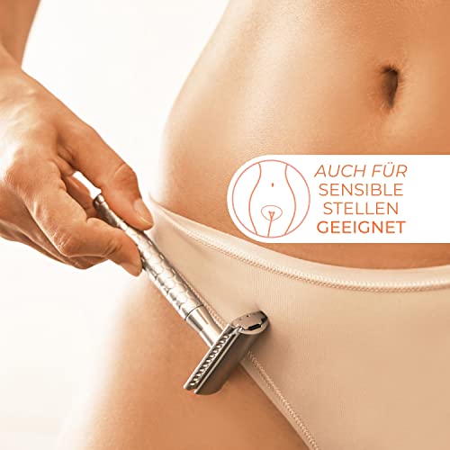 Foto von WLDOHO® Rasierhobel Metall für Damen & Herren inkl. 5 Klingen I Zero Waste Nassrasierer I Sicherheitsrasierer Plastikfrei I Rasierer mit Metallgriff in Silber | MINOUK