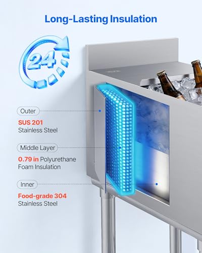 Image of VEVOR Commercial Ice Bin Stainless Steel Ice Chest with Sliding Lid, 24H Long-Lasting Insulation, Cooler Cart Cocktail Unit for Bar Restaurant Pub, NSF, 24 Inch
