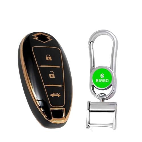 Image of SIAGO SIA352 TPU Key Cover and Metal Keychain Compatible for Maruti Suzuki Baleno, Vitara Breeza, S Cross, Ciaz, Swift, Ignis, 3 Button Smart Key Cover (Black Pack of 1)
