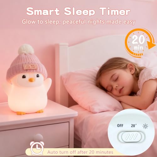 Image of FAMIDUO Penguin Night Light for Kids,Pink Penguin Lamp with Knit Hat | Squishy Silicone,Rechargeable Dimmable Timer LED Bedside Lamp,Cute Animal Nightlight for Nursery,Gift for Boys Girls Toddlers