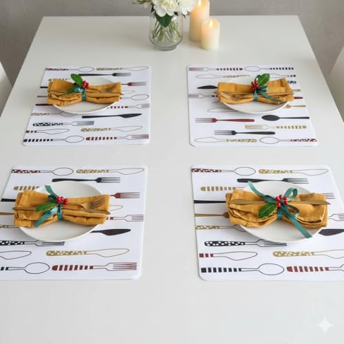 Image of YELONA Rectangular PVC Vinyl Non-Slip Insulation Heat-Resistant & Waterproof Stain Resistant Washable Placemat for Dining & Kitchen Table-(White & Maroon,Set of 4)
