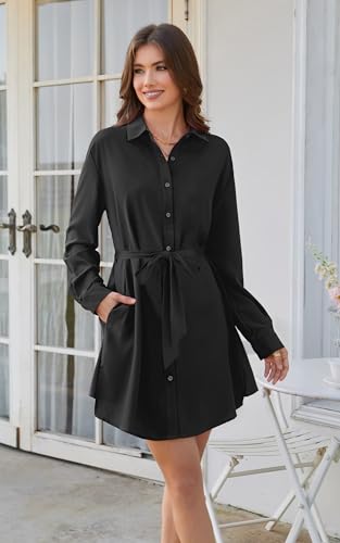 Image of ECOWISH Womens Button Shirt Dress with Pockets Fall Summer Short Mini Dresses Long Sleeve 3 /4 Sleeve Long Tunics Blouse Belt