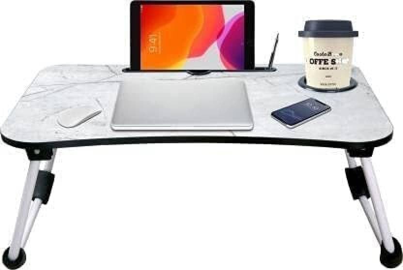 Image of YAJNAS Marble Light Wooden Multipurpose Foldable Laptop Table with Cup & Tab Holder | Study, Breakfast, Reading Table