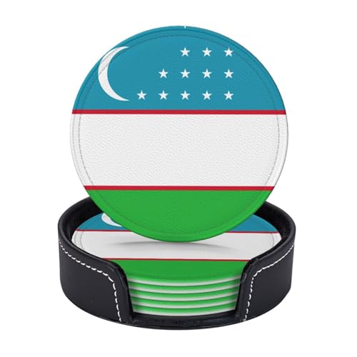 Lot de 6 sous-verres ronds en cuir synthétique avec support, motif drapeau de la République d'Ouzbékistan