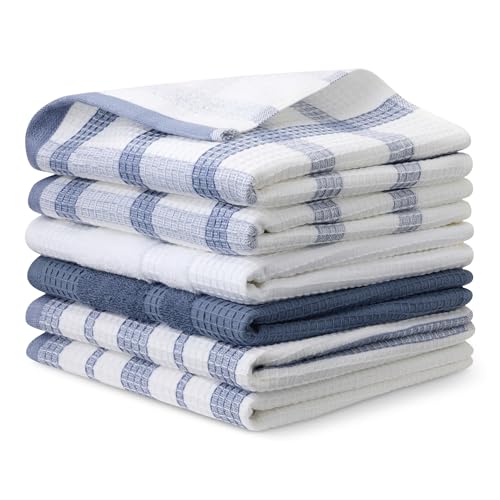 Amazon Basics Paños de Cocina de 100% Algodón Orgánico con Textura de Gofre - Ultraabsorbentes, Secado Rápido, Sin Pelusa, 38 x 64 cm, Pack de 6 (Surtido Azul Marino, Blanco)