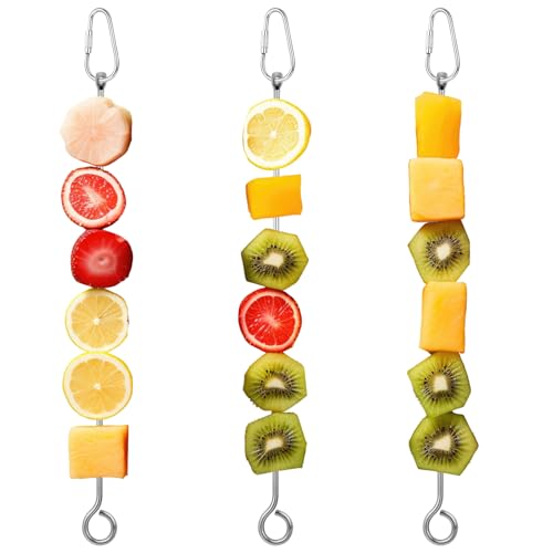 ElevateTech 3Pcs Bird Food Holder, Stainless Steel Small Animal Bird Food Treats Skewer Hanging Vegetable Fruit Feeder Feed Treating Tool Suitable Parrots Cockatoo Cockatiel (Silver)