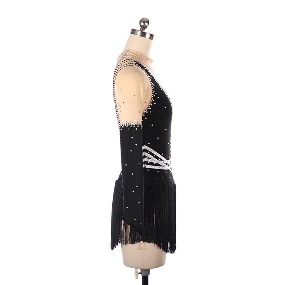 Vestido de Danza Patinaje Hielo para Mujer de Las Mujeres Manga Larga Cuello Alto Pedrería Borla Gimnasia Rítmica Maillot de Patinaje Competición Traje de Baile