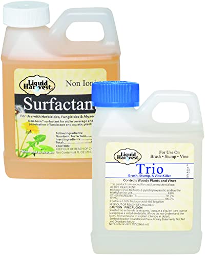 Liquid Harvest Concentrated Brush Killer (Comparable to Leading Triclopyr Brands) 8oz & Surfactant 8oz - Formulated to Control over 70 types of Brush, Vines, Harmful Weeds, and Woody Plants – Also Kills Stumps & Prevents Sprouting