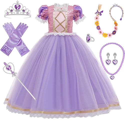 PIXUYE DéGuisement Princess Robe Princess Filles Costume Avec Perruque Couronne Magique Anneau Cosplay Halloween Carnaval Costumes NoëL Anniversaire FêTe Tenues,3-18ans