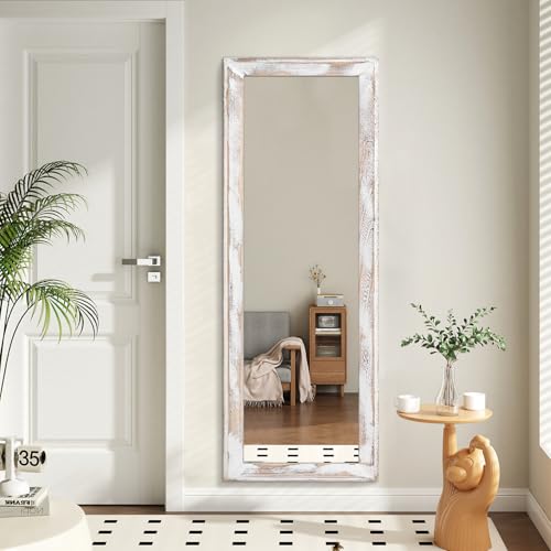AAZZKANG Espejo de cuerpo entero con marco de madera, 110 x 35 cm, espejo de pared grande rústico para dormitorio, salón, baño, entrada, rectangular, color blanco