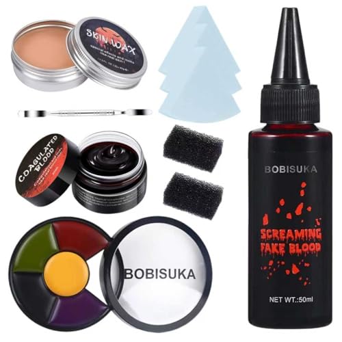 KOMEIYL 10pcs Set de Maquillaje de Sangre Falsa para Halloween, Conjunto Maquillaje Halloween, Sangre Falsa + Ungüento de Sangre + Pintura Facial + Cera Cicatrices Falsas + 5 Esponjas + Raspador