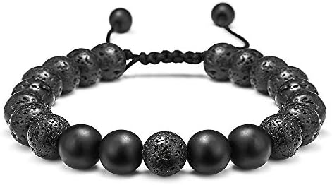 M MOOHAM Lava Rock Bracelet - Lava Rock Bead Black Matte Agate Stone Anxiety Bracelet, Men Women Stress Relief Yoga Beads Adjustable Aromatherapy Essential Oil Diffuser Healing Bracelets