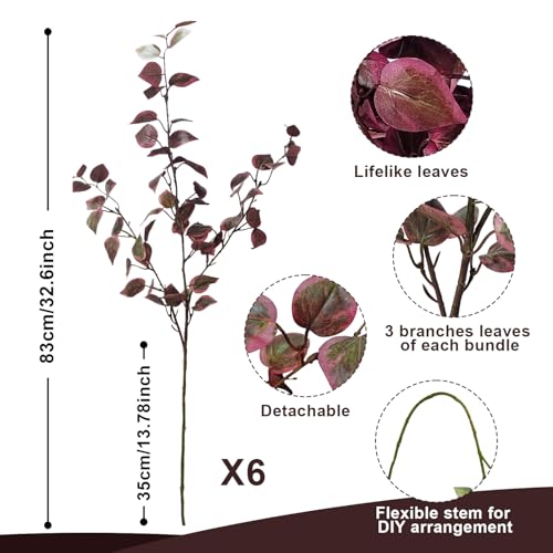 Image of 6PCS Artificial Fall Stems 32.7inch Long Burgundy Eucalyptus Stems for Vase