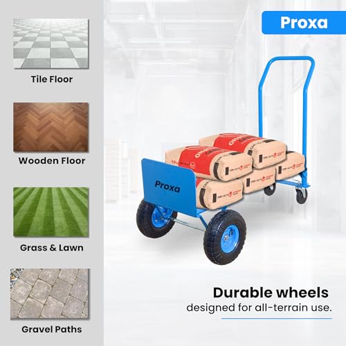 Image of PROXA 200 kg 2 in 1 Multi-Use Convertible Steel Hand Truck Trolley | Pneumatic Wheels and Swivel Casters | Material Handling Cart for Warehouse, Industry, Office and Home Use