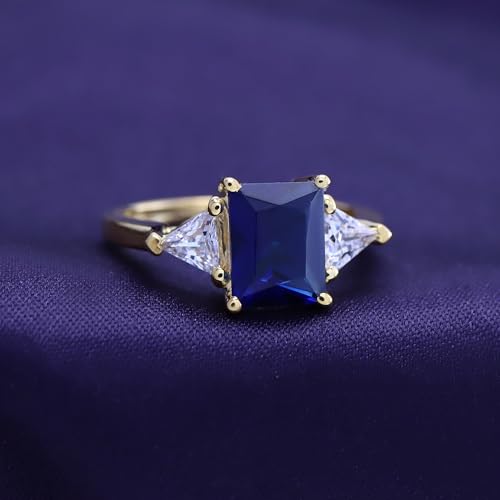 3 Stone Rings for Women Center 8X6MM Emerald Cut Simulated Blue Sapphire with White Topaz Statement Promise Ring in 14K Gold Plated 925 Sterling Silver Jewelry Gift for Her2