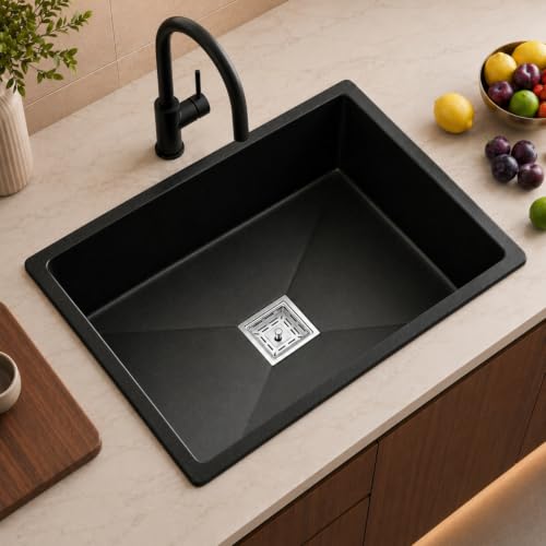 Image of TrueSink Quartz Kitchen Sink 16x18X9 Inches Black | Sound Proof, Heat & Scratch Resistant and Easy to Clean Single Bowl Granite Kitchen Sink /Basin with Waste Coupling & Pipe | Sink for Kitchen Black
