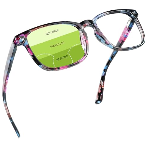 Image of YEIN Progressive Multifocus Reading Glasses, Spring Hinge Blue Light Blocking Glasses for Women Men, No Line Multifocal Readers with Clear Lenses (blue floral,+0.00 /+1.00 magnification)