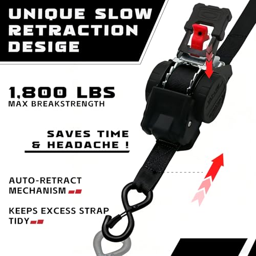 Image of Retractable Ratchet Straps 1 inch x 13Ft, Heavy Duty Self Retracting Tie Down Straps, 1800lb Break Strength Auto Retract Cargo Straps for Truck, Trailer, Motorcycle, ATV, UTV, (Black, 2 Pack)